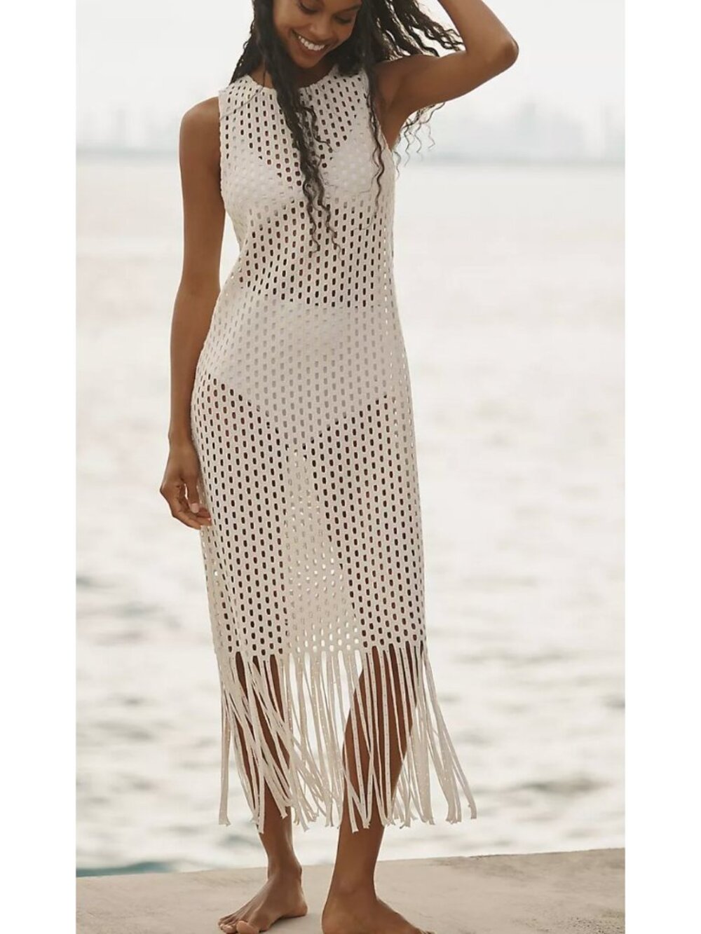 NWT Celandine Anthropologie Sheer Fringe Cover-Up Midi Dress White Size Small